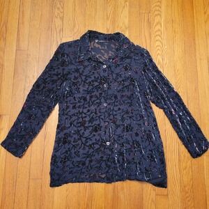 Travis Ayers Silk Sheer Burnout Velvet Floral Button Up Blouse Top Vintage